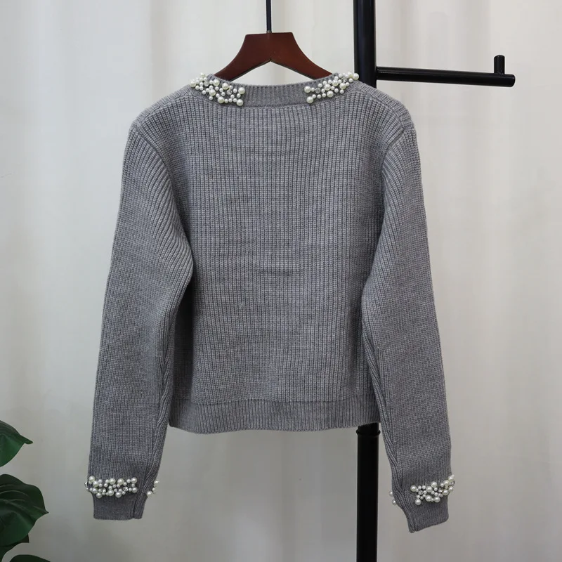 2024 Autumn and Winter New Beaded Chic Knitted Cardigan Coat Long Sleeve Casual Loose Sweater Women's Blouse Shirt