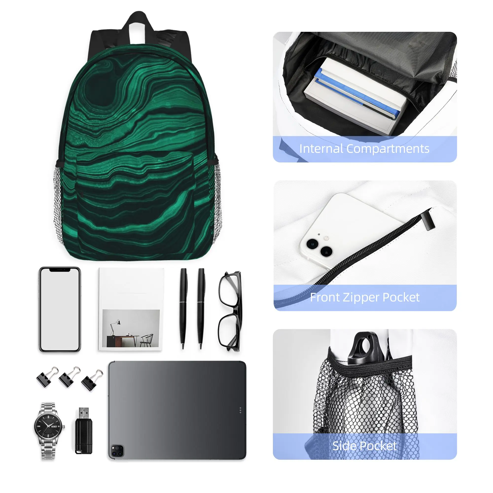 Faux Malachite Green Marble with light Veins Backpack Hot Sale Daypack Boys Girls BookBag Shoulder Bags for Men Women School Bag