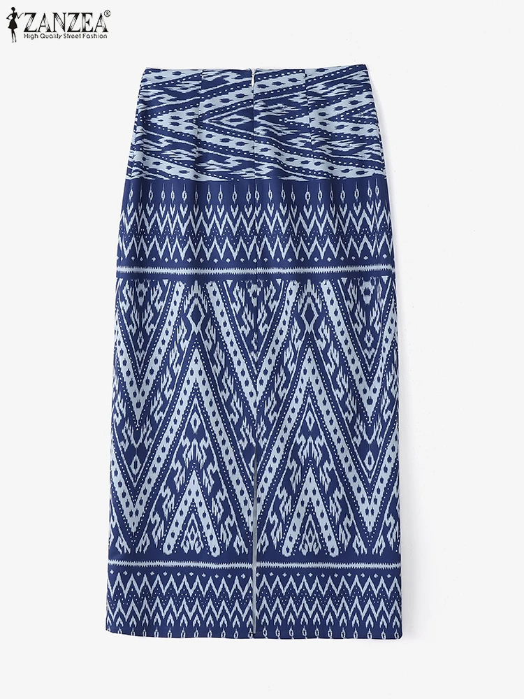 ZANZEA 빈티지 에스닉 이캇 프린트 롱 스커트 여성용 보헤미안 스타일 우아한 하이 웨이스트 백 지퍼 맥시 스커트 3가지 색상 S-XXXL