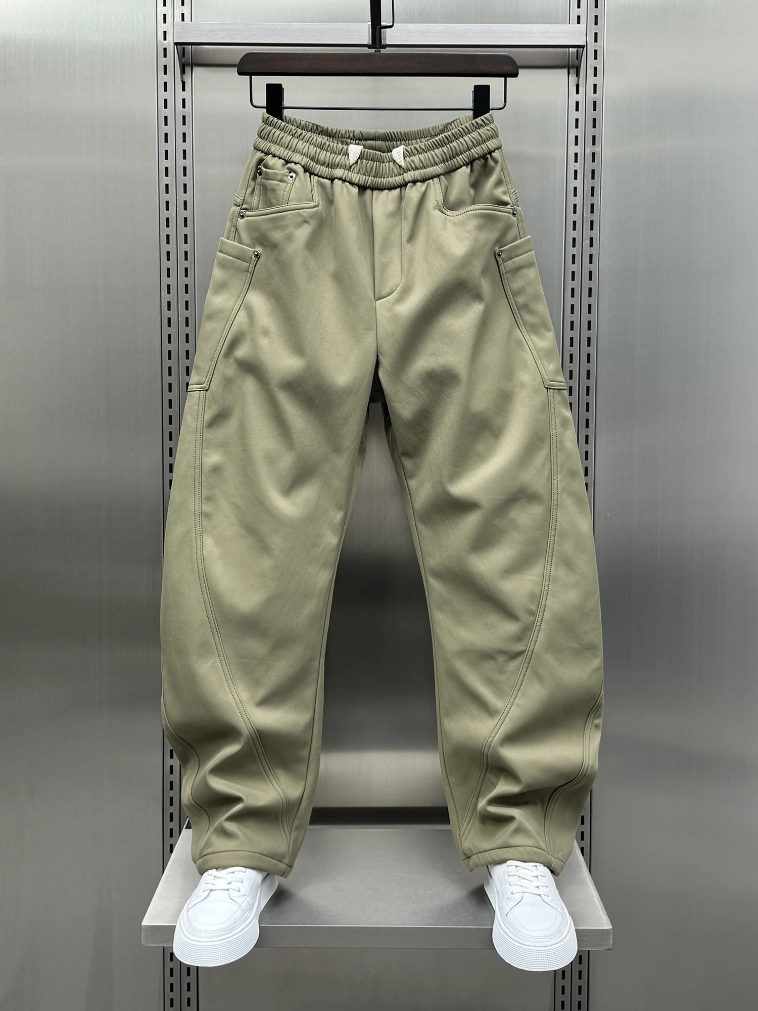 

Trendy Men's Fce Lined Straight Leg Casual Pants Autumn Winter Loose Fit Workwear Trousers Korean Design Sensation Bend Kn...