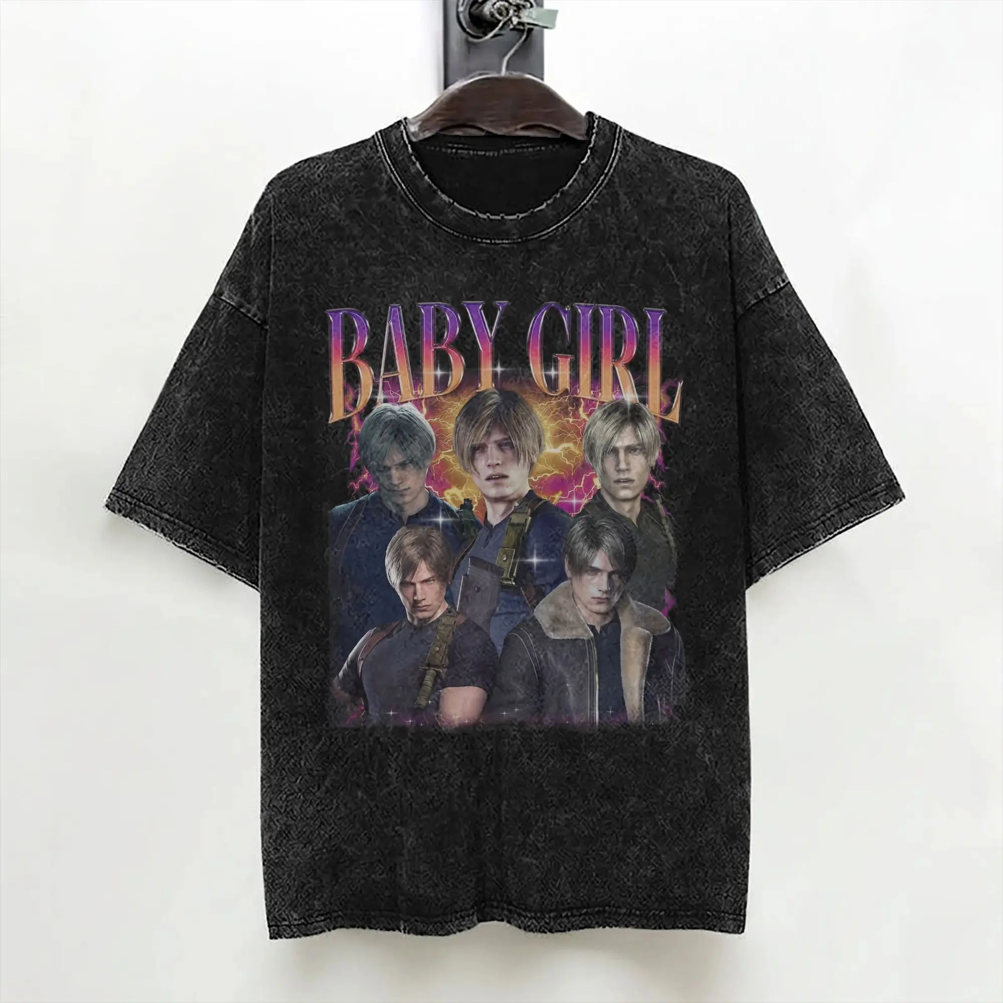 Leon S. Kennedy Washed T Shirt Streetwear Vintage T-Shirt Tees Men Women Short Sleeve Oversize Summer