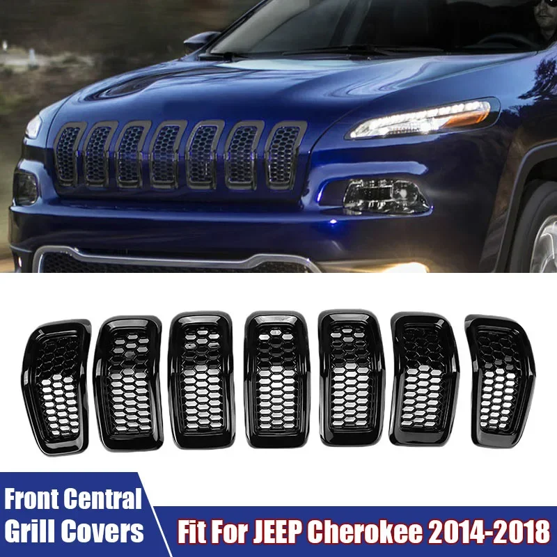 

7Pcs Car Front Bumper Central Grill Covers Fit For JEEP Cherokee 2014-2018 Car Accessories Honeycomb Racing Grilles Trim Covers