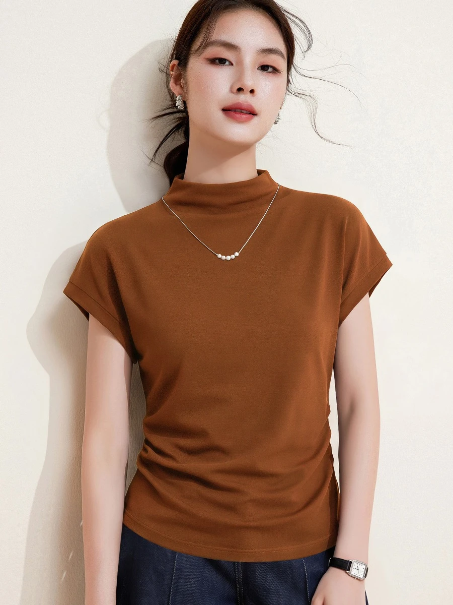 2026 Fall Women Stand Collar Wool Short Sleeve Tee Slim Fit Basic Elegant Layering Undershirt Tops Oversized T Shirt