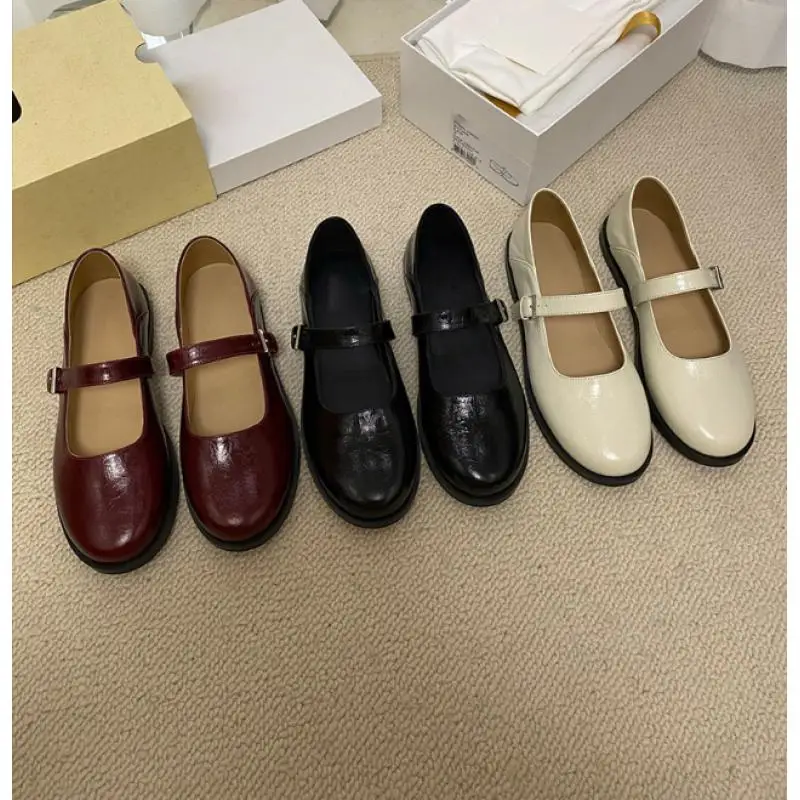 Dave&di French Fashionable Round Toe Shallow Mouth Mary Jane Shoes Women's College Retro Buckle Genuine Leather Shoes For Woman