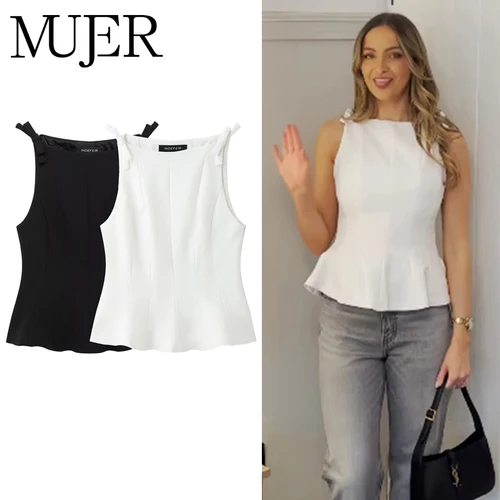 MUJER, Tops sin mangas con lazo blanco para mujer, Top negro con hombros descubiertos, camisetas sin mangas informales de primavera para mujer, Tops plisados para mujer 2025