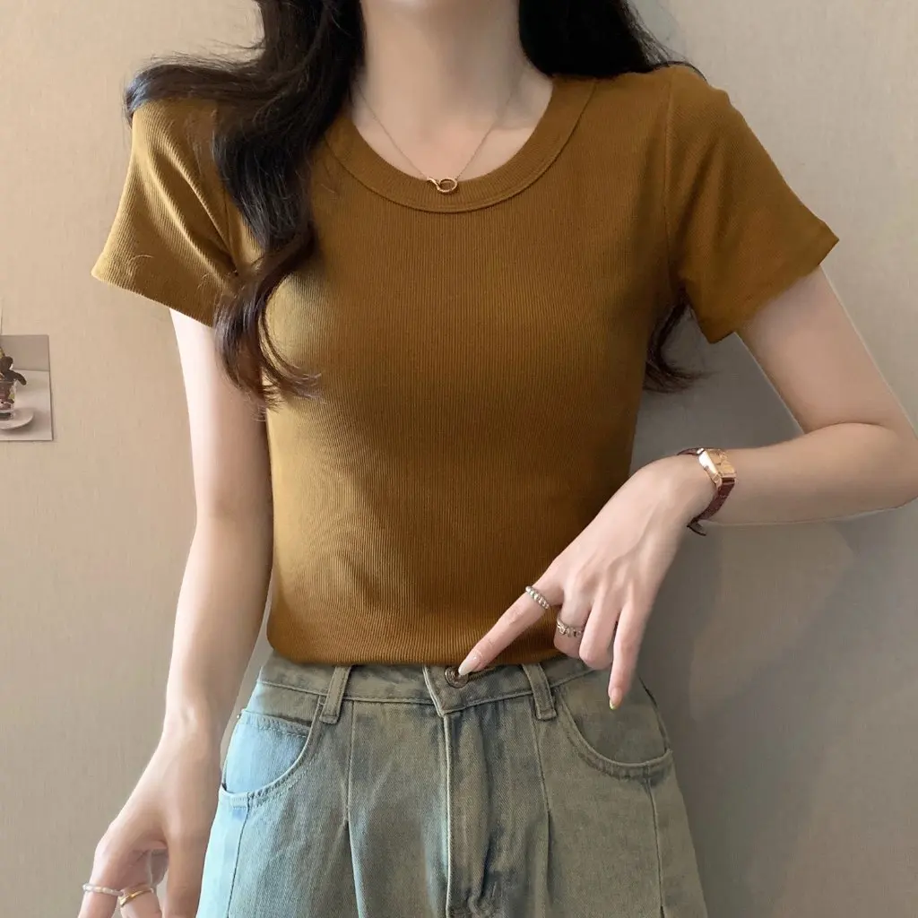 

Женская асимметричная футболка большого размера с короткими рукавами, весна-лето, облегающий топ с круглым вырезом, однотонный универсальный топ с плечами