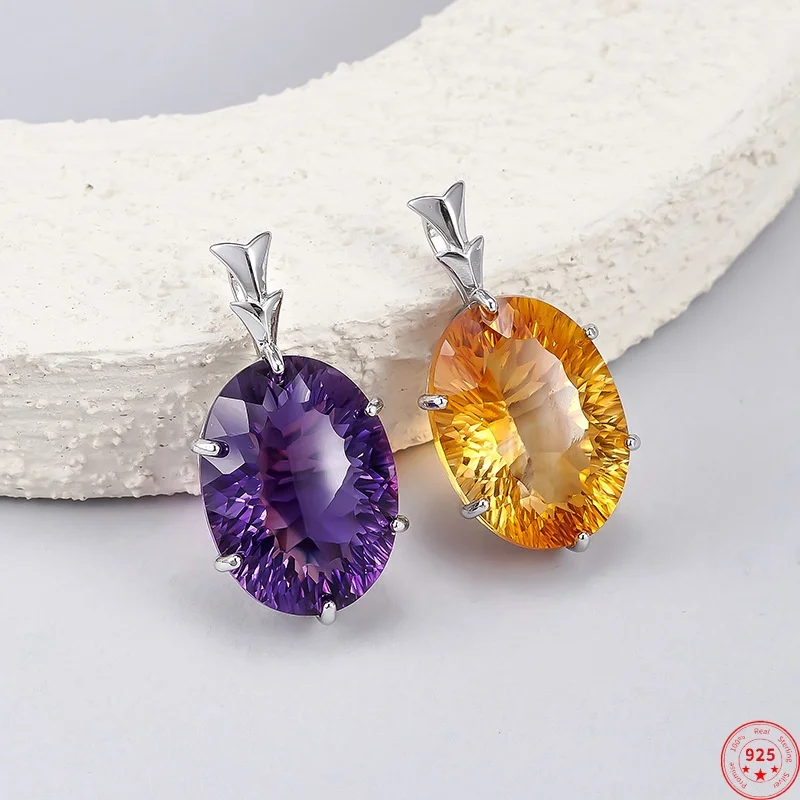 

S925 Sterling Silver Charm Pendants for Women Men Palace Style Claws Inlaid Tangent Plane Citrine Amethyst Jewelry Wholesale