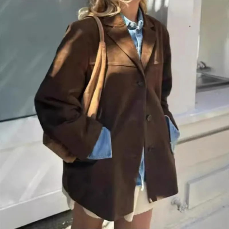 2024 Women's Autumn Coats Vintage Brown Suede Leather Women's Blazer Jacket Fashion Lapel Single Breasted Pocket Short Jacket