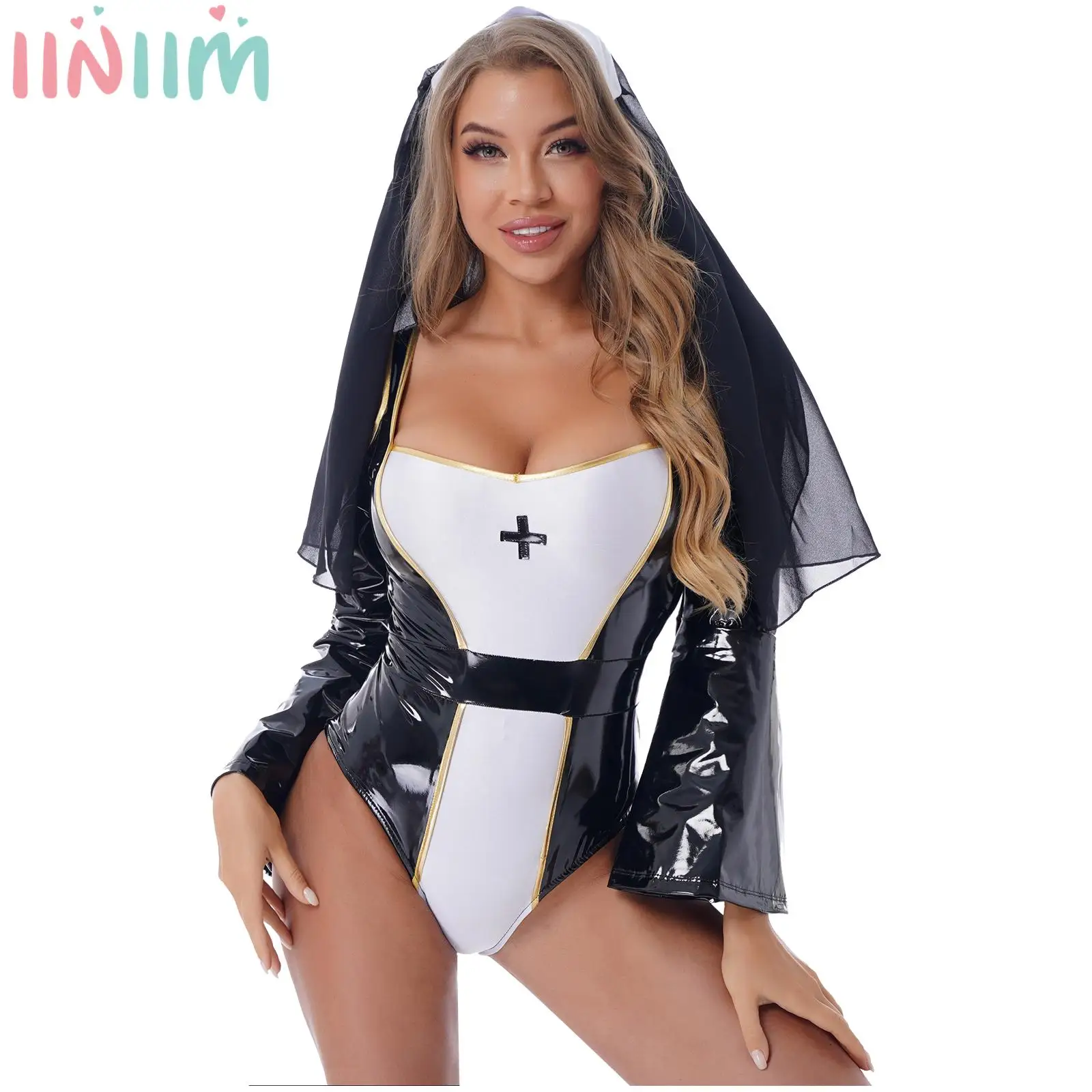 

Women Halloween Nun Cosplay Costume Wet Look Patent Leather Flare Sleeve Bodysuit Patchwork Catsuit Chiffon Headwear Clubwear