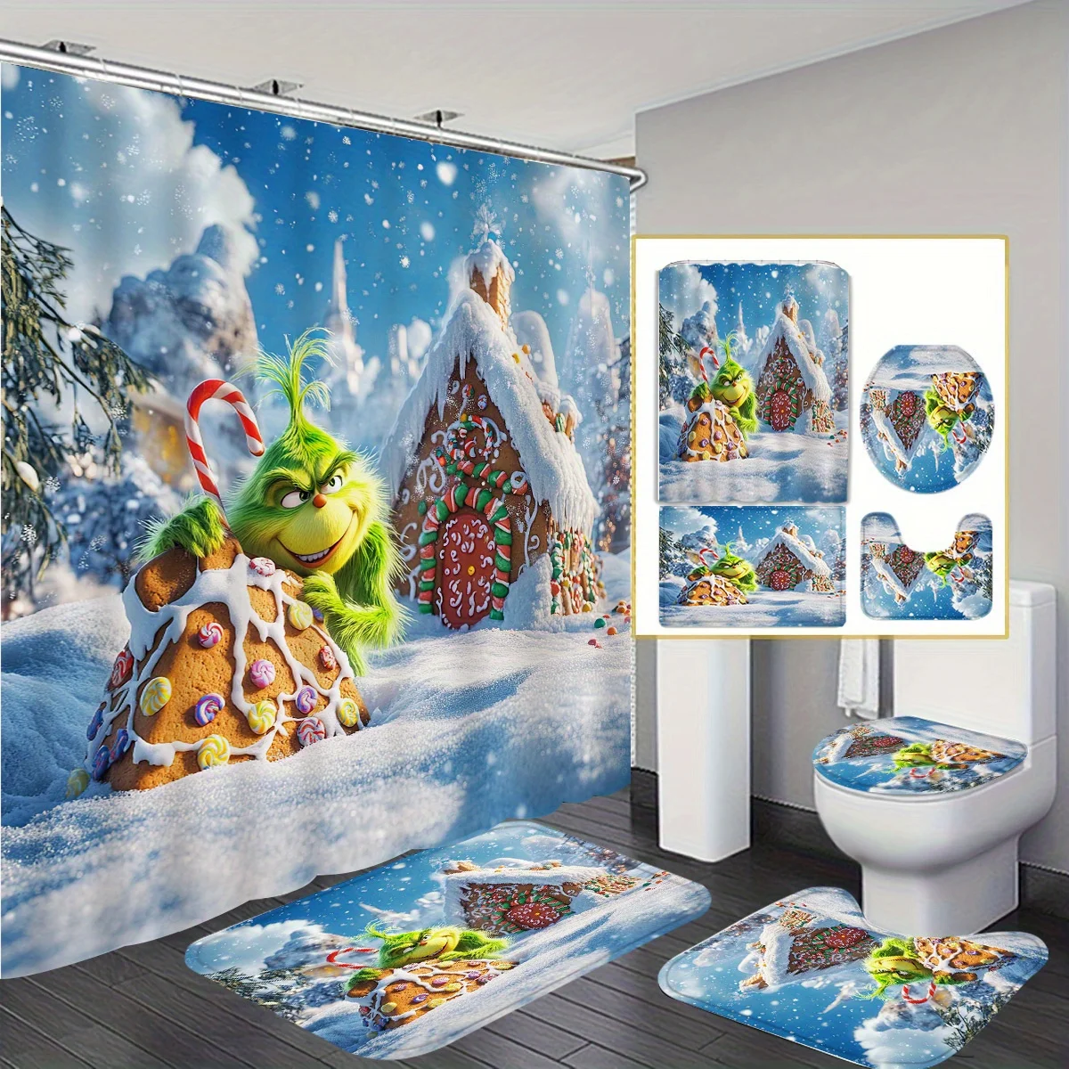 The Grinch Christmas Bathroom Set with Shower Curtain, Toilet Lid Cover & Mats | Snowy Christmas Scene | Festive Holiday Decor