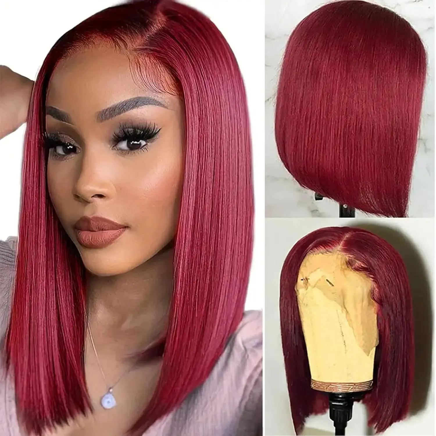 14-дюймовый 99j Бордовый Короткий Боб Парик Прямой Парик Человеческих Волос 13x4 Hd Кружевные Фронтальные Парики Для Женщин 200 Плотность Красного Цвета Волос Remy