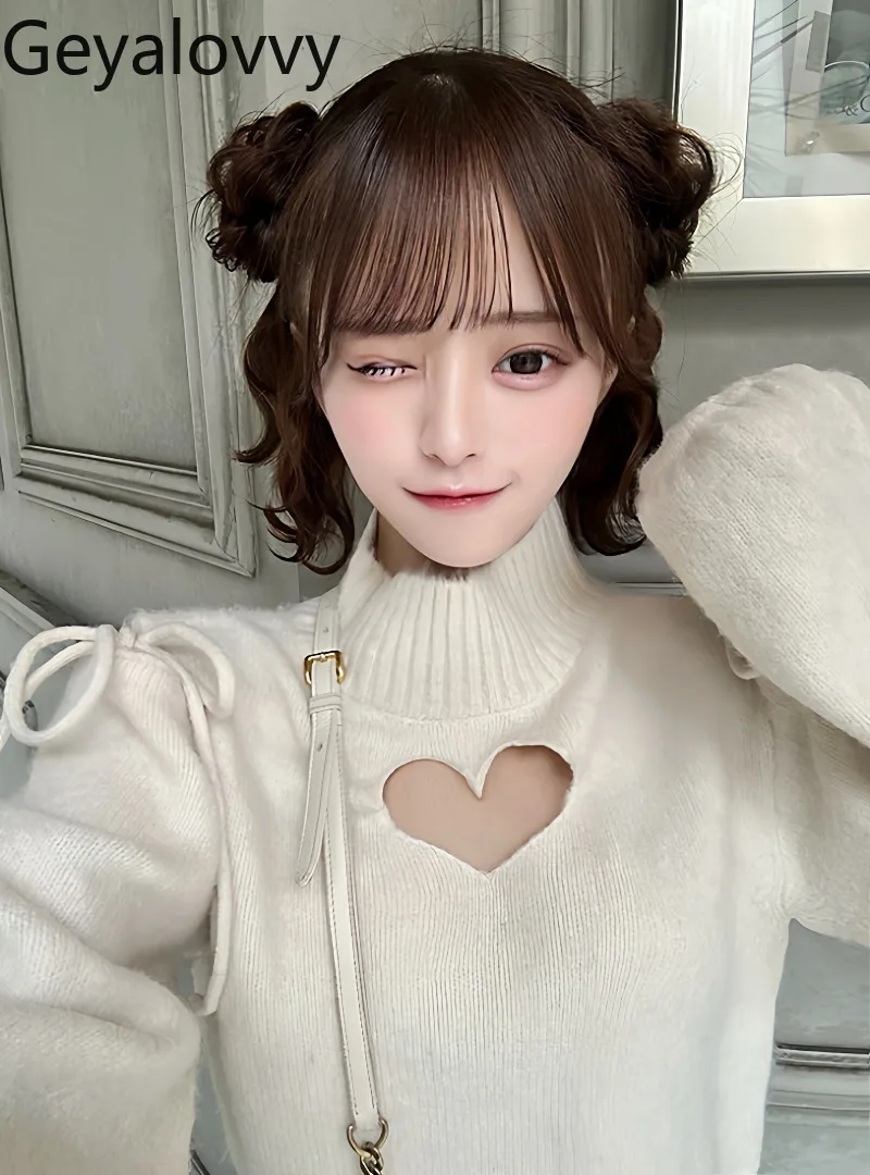 

2026 Новый японский милый женский вязаный свитер, универсальный галстук-бабочка в форме сердца, ажурный топ с открытыми плечами и воротником до половины высоты