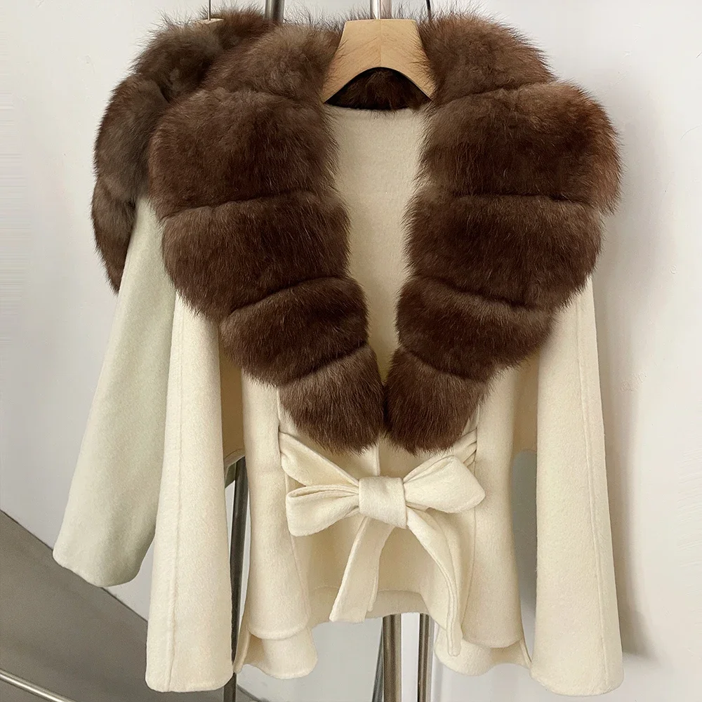 OFTBUY Neue Winterkleidung für Damen, Luxuriöser Kurzer 100% Wollmantel mit Natürlichem Pelzkragen, Warmem Gürtel und Echtem Fuchspelz, Wolljacke für Damen – Detail 39