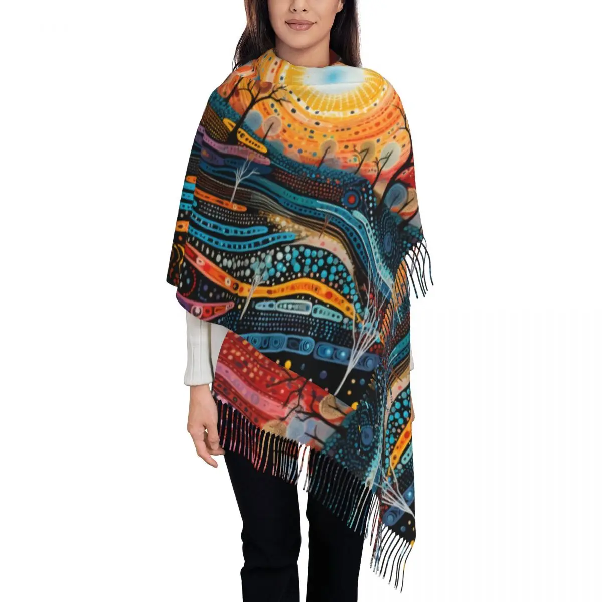 

Custom Ladies Large Australian Aboriginal Dot Art Scarves Women Winter Soft Warm Tassel Shawl Wraps Scarf