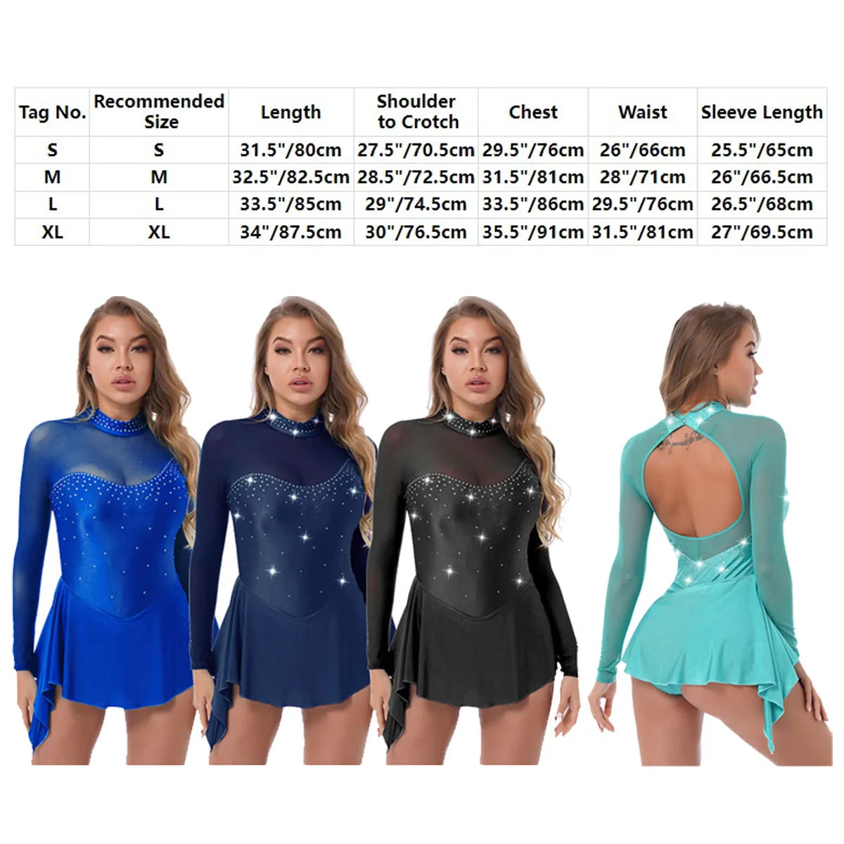 Paillettes figura pattinaggio a rotelle pattinaggio a rotelle Costume da ballo donna Tulle ginnastica body maniche lunghe maglia giuntura balletto Dancewear