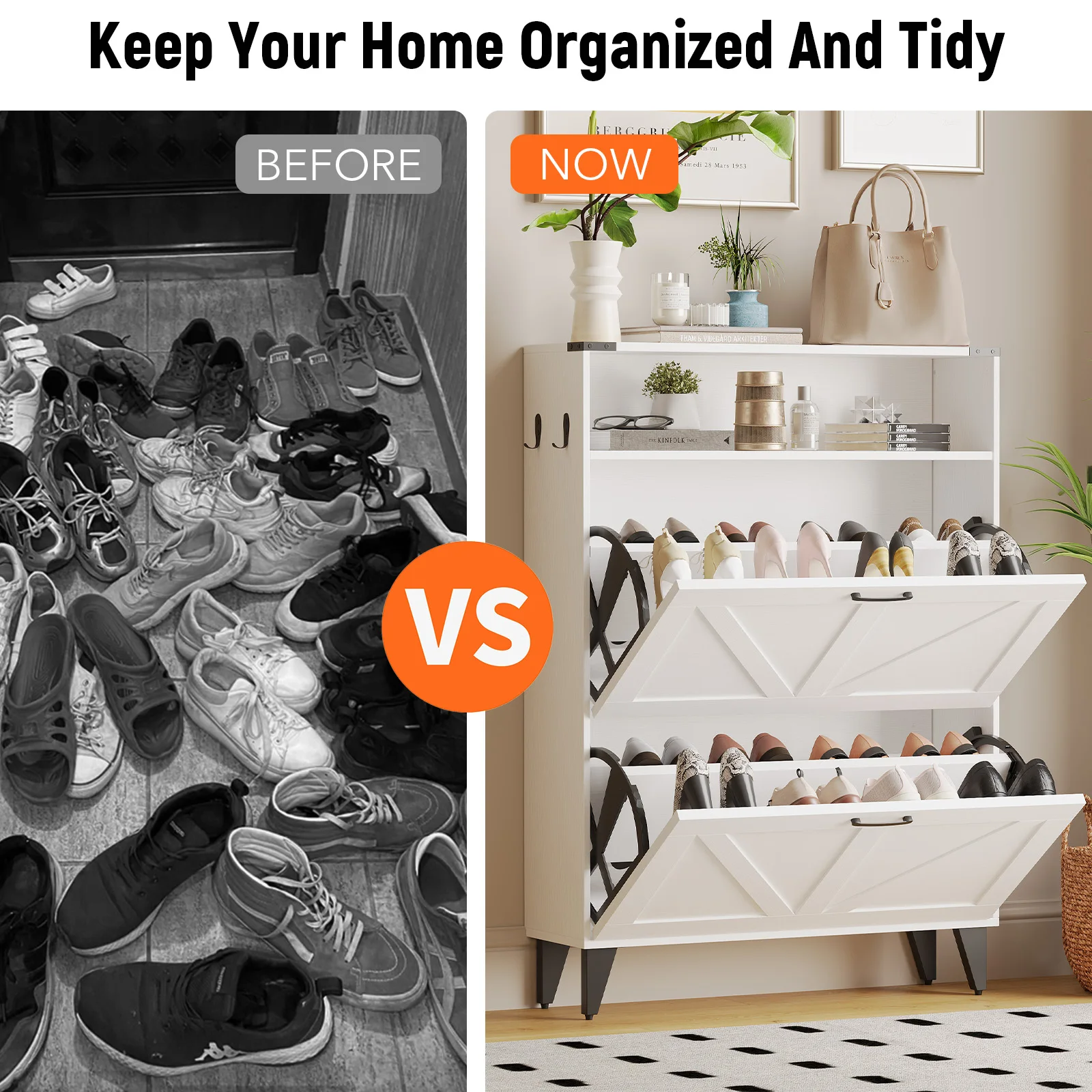 Shoe Cabinet with 2 Flip Drawers Front Door Shoe Rack with Metal Legs and Adjustable Shelf Shoe Rack for Front Door Entrance