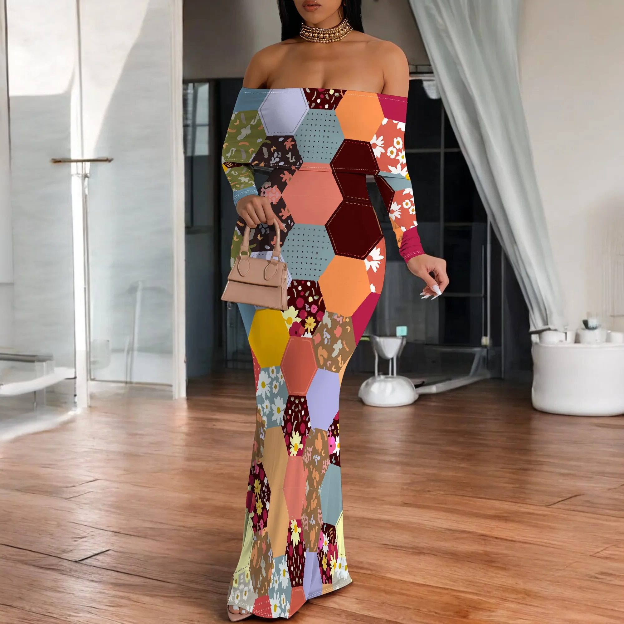 

Marble Ink Print V Neck Long Dress 3/4 Sleeve Bodycon Elegant Maxi Dress for Party