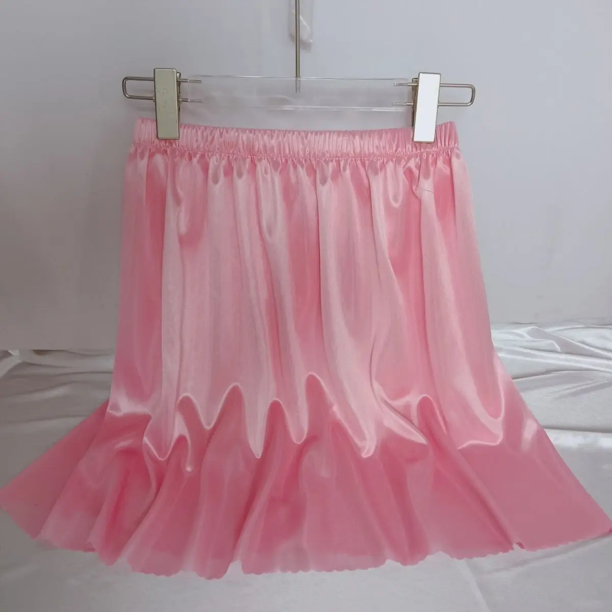 

Length45cm Summer Glossy Satin Silk Pink Skirt Elegant Women High Waist 68-150cm Skirt Bottoms