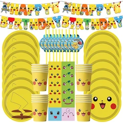 Pokemon Birthday Party Decorations Pikachu Theme Paper Cups Plates Tableware Tablecloth Straw Banner Napkin Kids Party Supplies