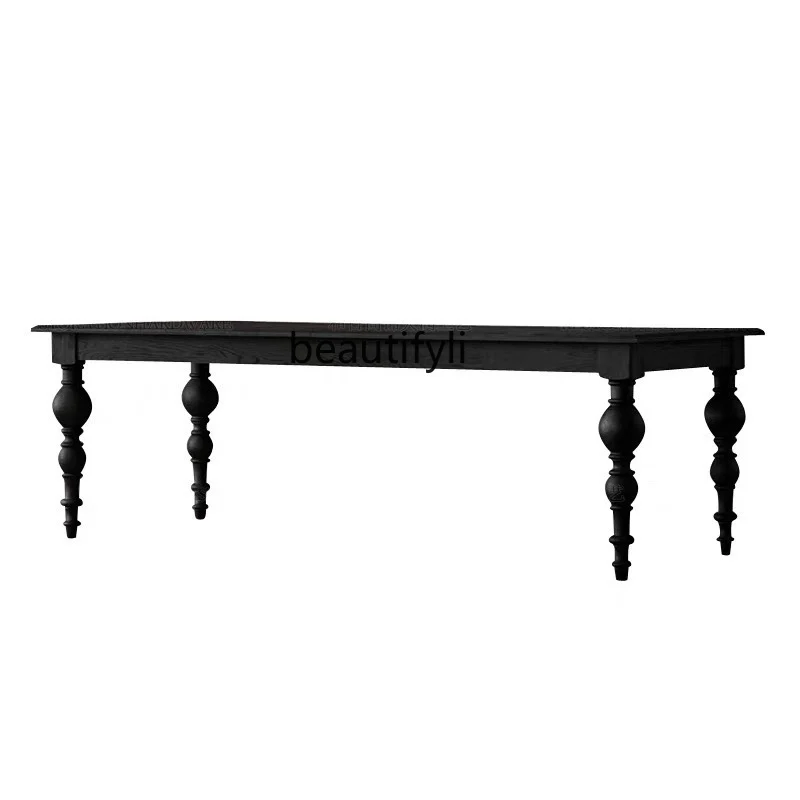 French Style Solid Wood Dining Table Mid-Ancient Black Large Board Table American Log Coffee Shop Tea Long Table