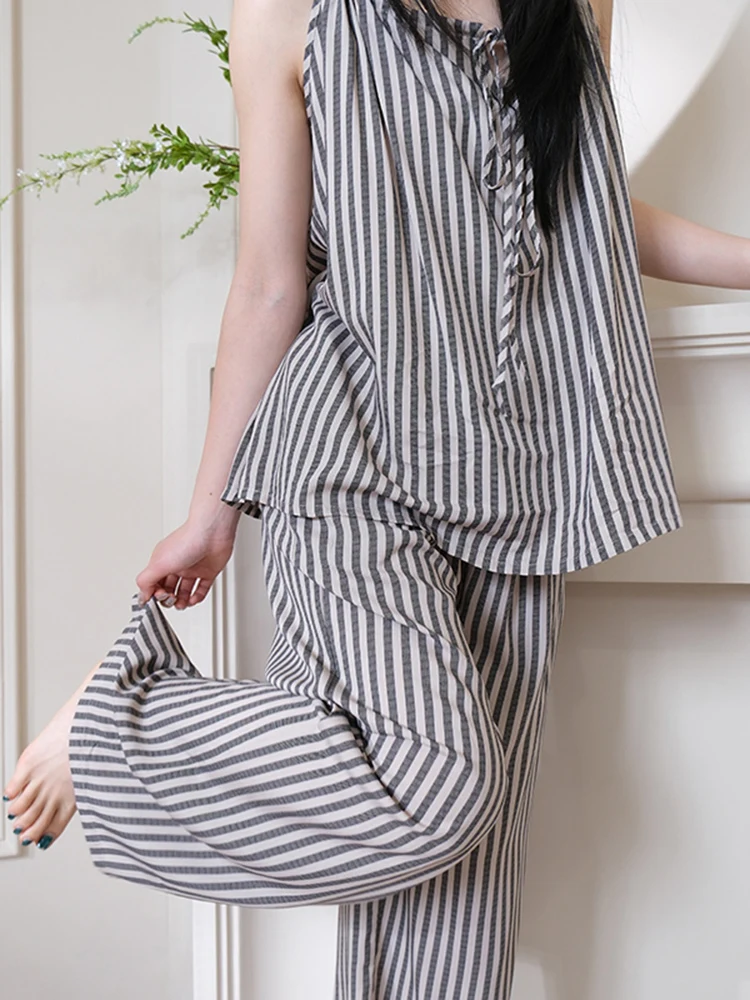 

Summer Thin Cotton Silk Stripe Nightgown Women's Summer Lightweight Spwear Loungewear Casual Long Pants No Sve round Ne