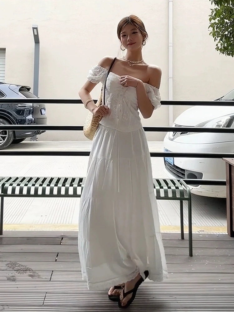 

Summer 2025 Women's High Waist One oulder Bubble Sve Hot Girl Design Faion Set Polyester Fiber ort Sve Long Pants