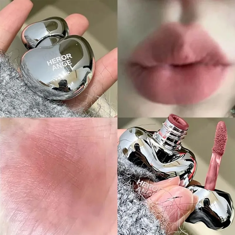 

Peach Heart Silky Matte Lipgloss&Blush Low-saturation Gray Pink Liquid Lipstick Waterproof Non-Stick Cup No Fade Lip Tint Makeup