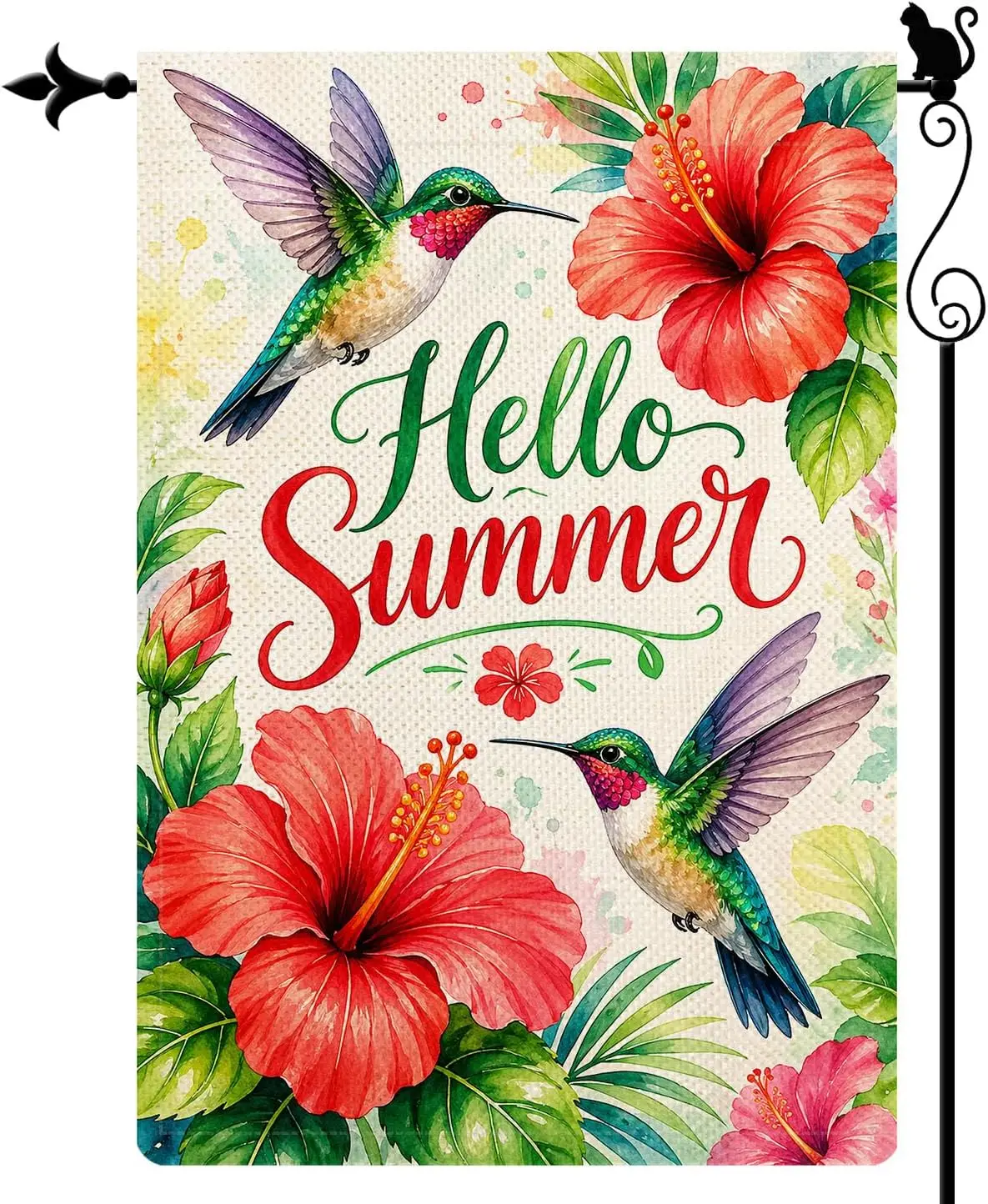 Hello Summer Hibiscus Hummingbird Garden Flag, Double Sided 12 x 18 Inch Burlap Outdoor Yard Flag for Porch Patio Lawn Decor llp