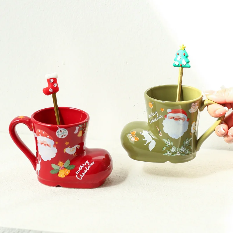 Cute Christmas style High temperature fired ceramics coffee mug and spoon Glazing process Drinkware milk juice afternoon tea
