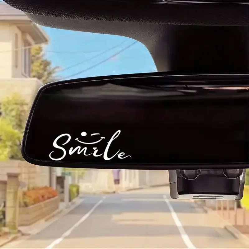 Smile Word With Cute Smiley Face Vinyl Rearview Mirror Decal, Handwritten Letter Removable Mini Decor Sticker for Car Interior