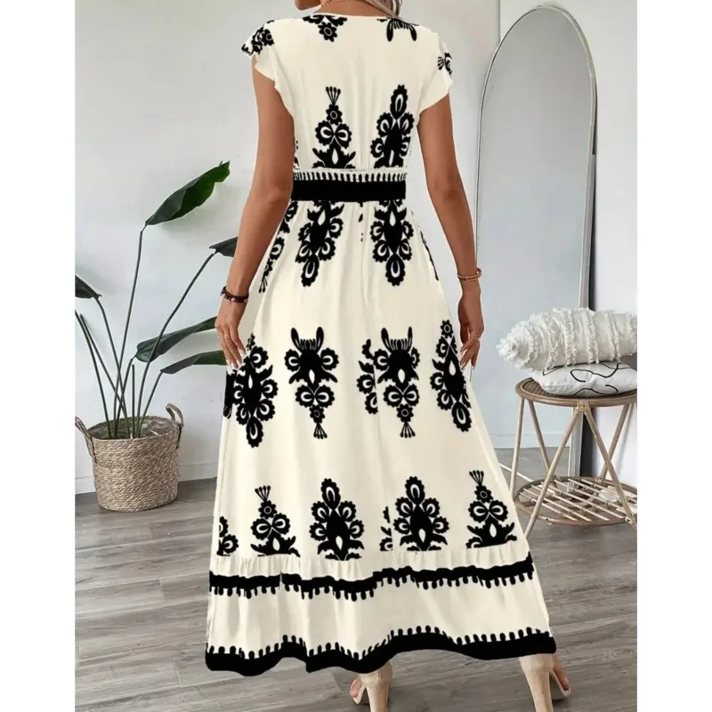 Verão boho férias praia vestido de impressão verão moda cintura alta magro casual decote em v balanço elegante senhoras escritório vestidos longos