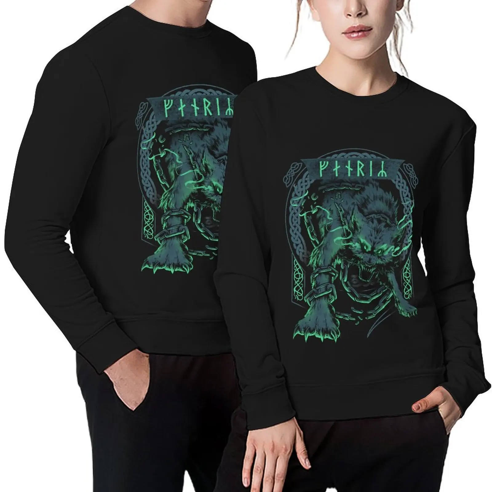 

Fenrir Wolf Norse Futhark Runes Viking Mythology Ragnarok Green Pullover japanese style men's autumn clothes anime sweatshirt