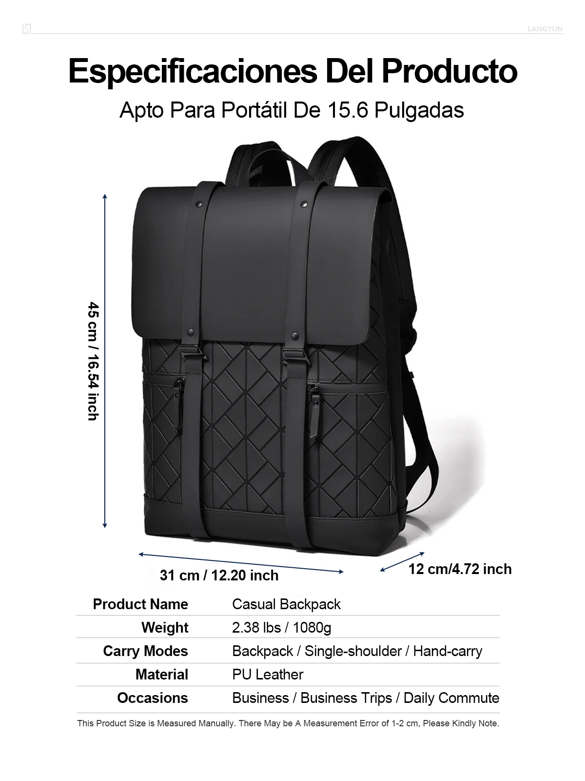 LANGYUN Mochila de Hombre de Cuero PU Impermeable de Alta Calidad, Bolsos para Portátil de 15.6 Pulgadas, Gran Capacidad, Multifuncional