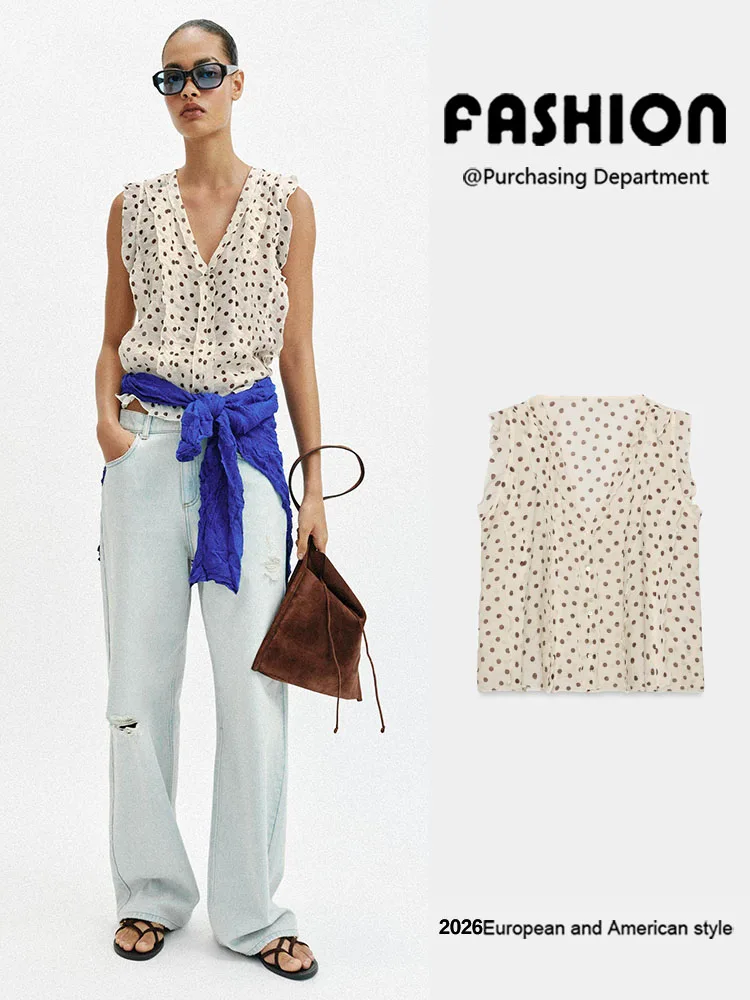 

New Summer Women's Fashion Sleeveless V-neck Polka Dot Print Top Versatile Clothing Vintage Style Ladies' Premium Quality Blouse