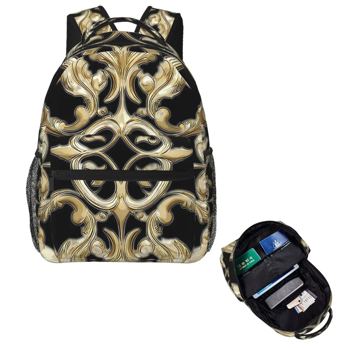 Fancy Gold Baroque Design Student Backpack School Bag Hiking Travel Daypack for Men Women Fashion Bookbag Shoulder Bags