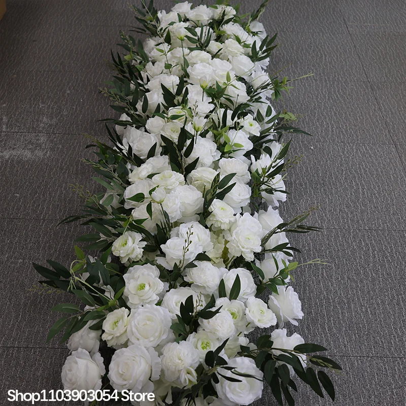 Rosa-weiße Rosen-Grün-Verzierung, langer Sofatischläufer, luxuriöser Hochzeitsbogen, Blumenreihe, Gangbühnen-Hintergrund, Event-Party-Dekoration – Detail 5