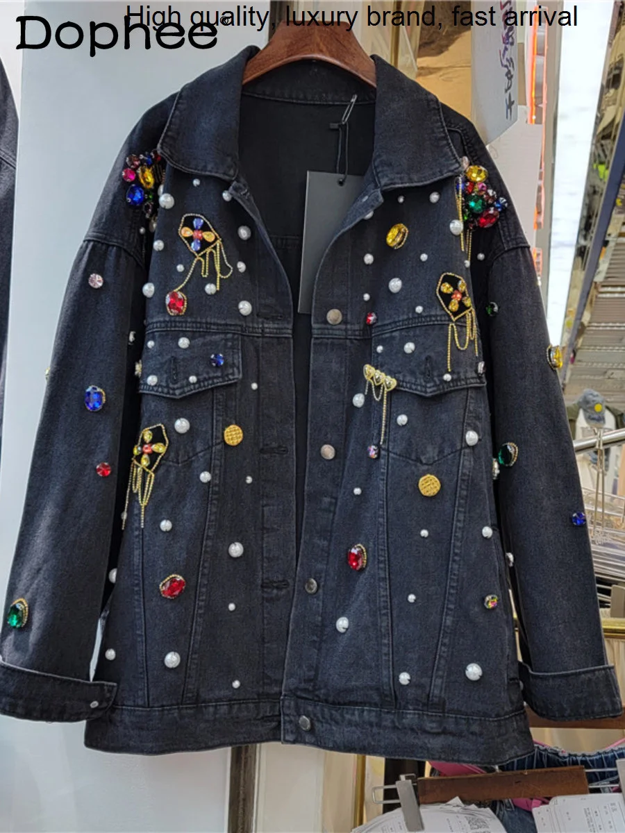 Crystal Manual Colorful Chain 3D Decoration Black Oversized Denim Jacket Women Lapel Long Sleeve Jean Coat 2023 Fall New Clothes