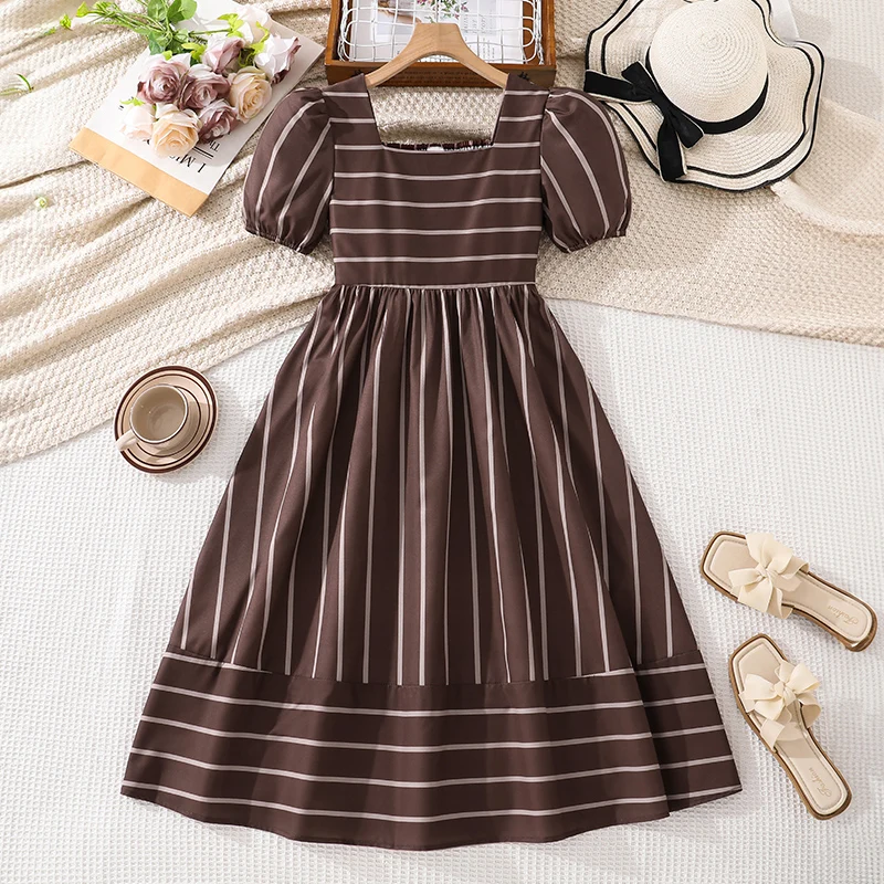 

Girls 8-12 Casual Dress, Square Neck Puff Sleeve Striped A-Line Midi Dress, Retro Elegant Breathable for Daily School Wear