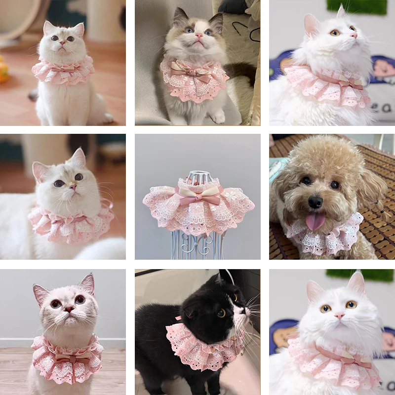 Bow Knot Sweet Pet Dog Collar Hollow Out Double Layered Pink Bandage Bibs for Small Puppy Princess Lace Birthday Cat Accessories