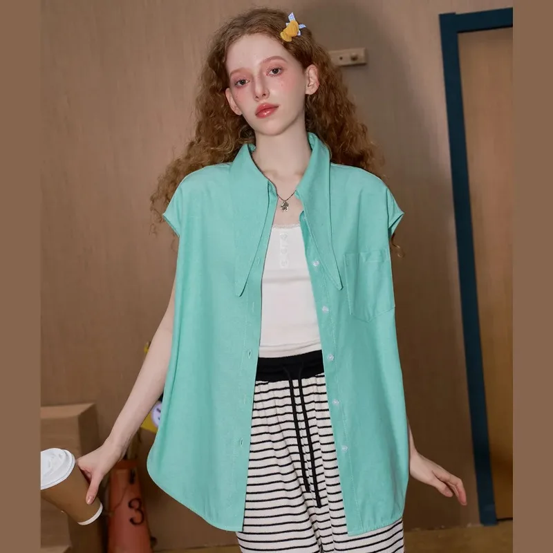 

Women's Oversized Sleeveless Shirt Big Point Collar Solid Color Casual Street Style Summer Top
