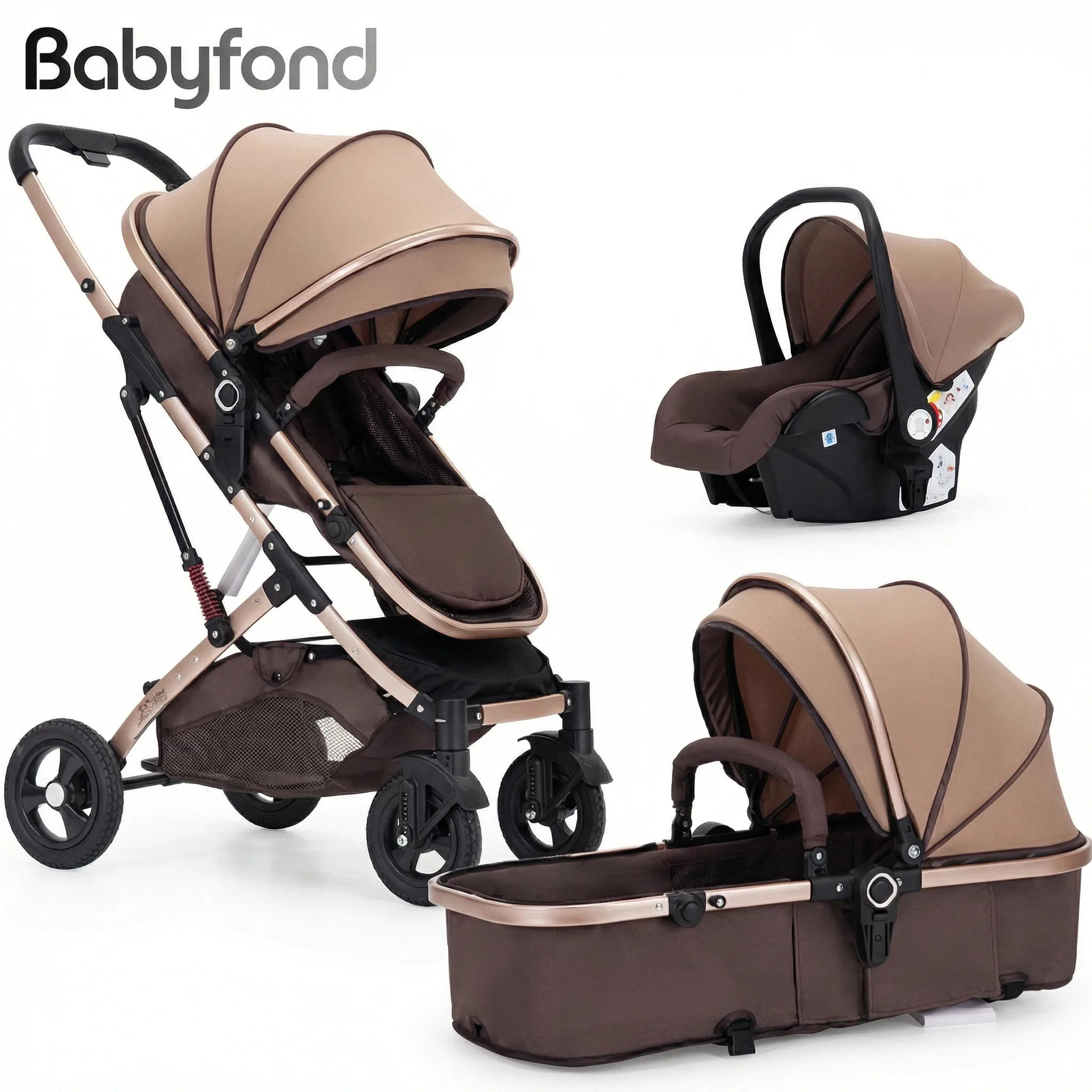 Fotografia 4: Carrinho de bebê Babyfond 3 em 1 com assento elevado, carrinho multifuncional com alcofa e assento de carro para recém-nascidos