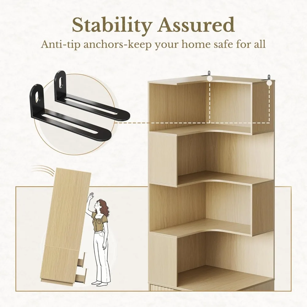 71-Inch Tall Corner Bookshelf with Drawers and 5-Tier Storage Display Rack