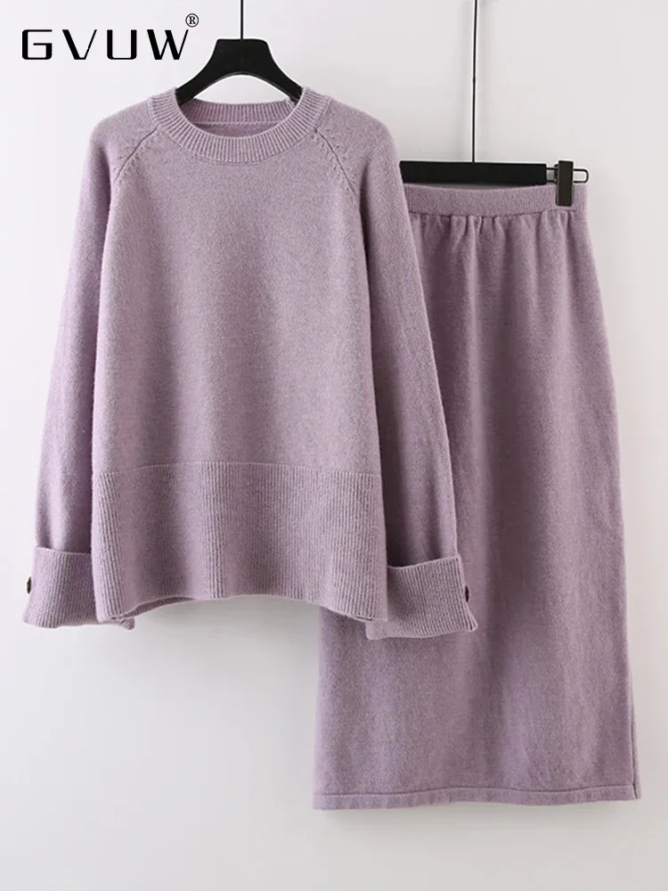 

GVUW Fashion Knitted 2 Pieces Set Full Sleeve Round Collar Sweater + A Line Skirt Solid Color New 2024 Casual Sets 17G7676