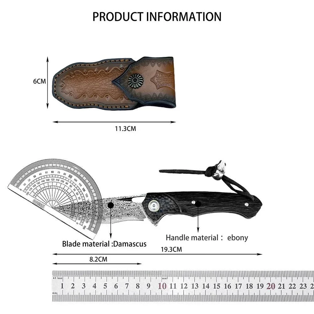 EDC جيب سكين للفرد دمشق الصلب مع مقبض خشب الجوز الأسود وغمد الجلود في الهواء الطلق التخييم المشي لمسافات طويلة سكينة تكتيكية #6