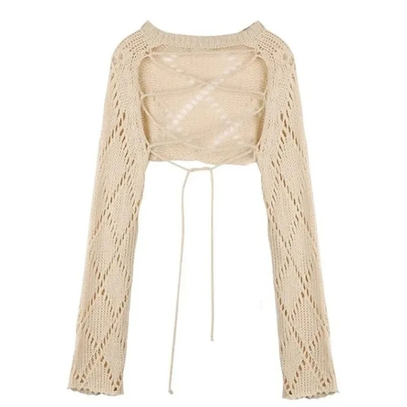 HOUZHOU Y2K Knitted Tops Women Hollow Long Sleeve Sweet Lace-Up Sweater Harajuku Casual Backless Lady Blouse Streetwear