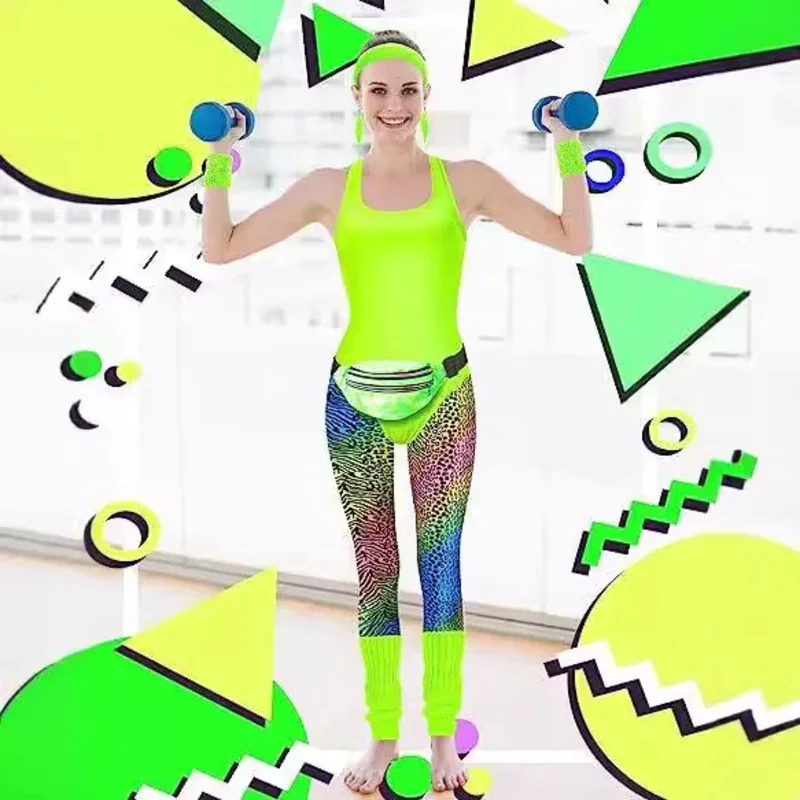 1980s زي حفلة النساء ملابس رياضية ريترو 80s ملابس السباحة 80s السيدات رياضية زي مجموعة مع اكسسوارات مجموعة الهيب هوب الملابس