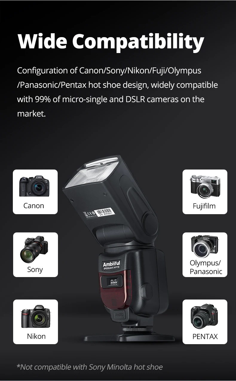 Ambitful AF970 Flash Light Speedlight Speedlite Universal for Fujifilm Nikon Ca