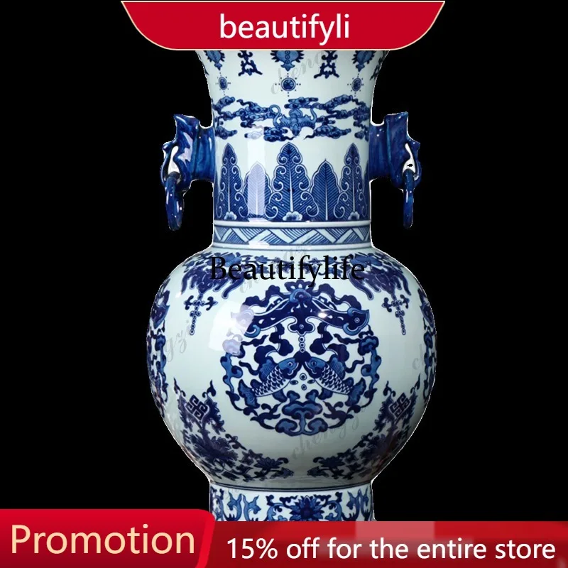 01A Jingdezhen ceramic vase high-grade hand-painted blue and white double elephant ear home decoration craft ornament
