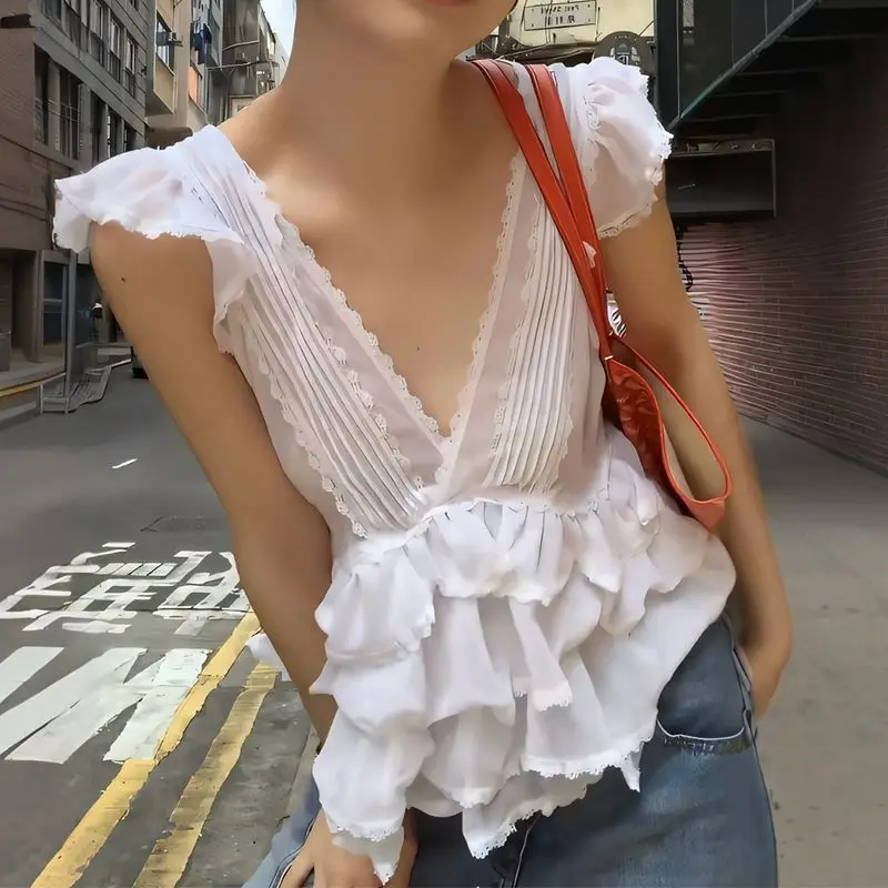 

Korean Summer New Design Casual V-neck Small Flying Sleeve Ruffle Design Shirt Top