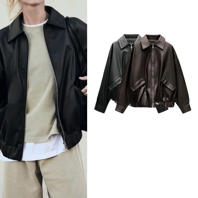 جاكيت نسائي جديد للربيع من الجلد الصناعي الفضفاض بأكمام طويلة وإغلاق بسحاب بأسلوب عملي ومقاس منتظم